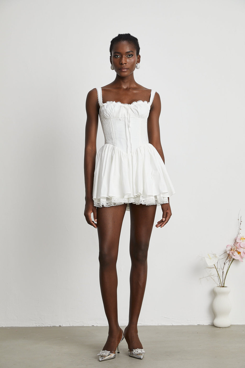 Camille Beyaz Korse Mini Elbise