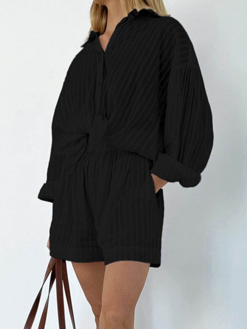Çizgili Oversize Gömlek Şort Takım
